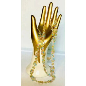 Vintage Floral Clear Flat Puff Oval Long Glass Bead Necklace Fashion‎ Collection